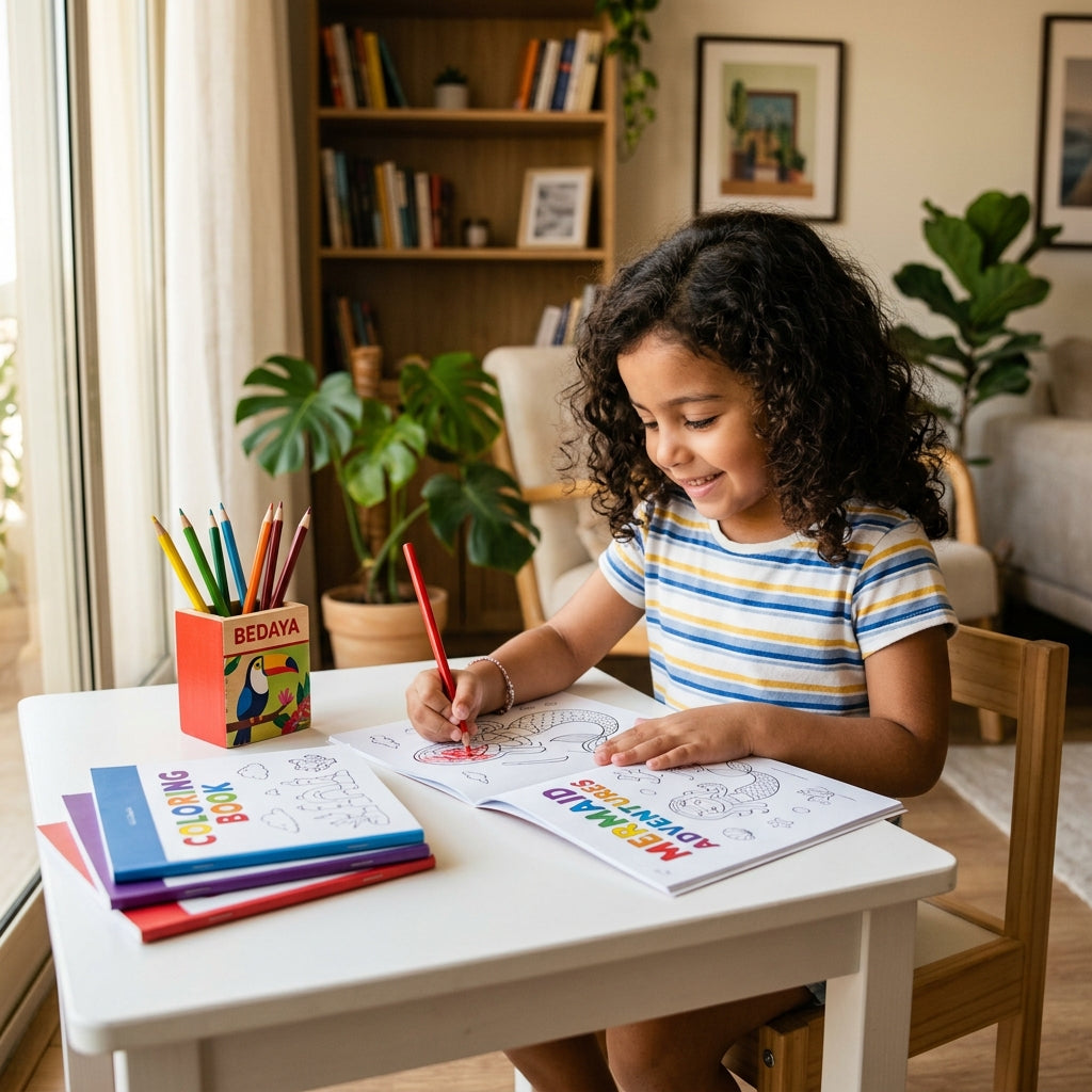 طفلة تلوّن في كتاب التلوين السحري