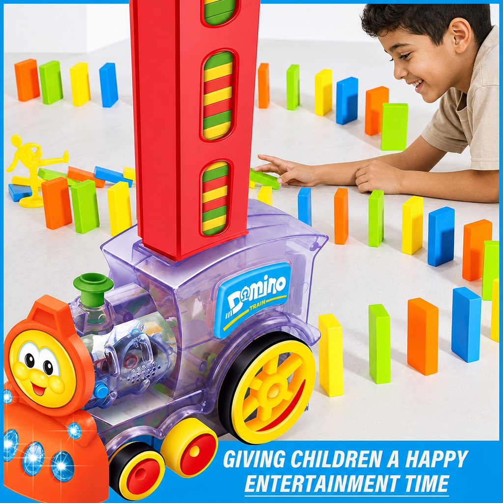 قطار الدومينو الكهربائي — ٦٠ قطعة دومينو ملونة مع صوت وإضاءة (Domino Train)