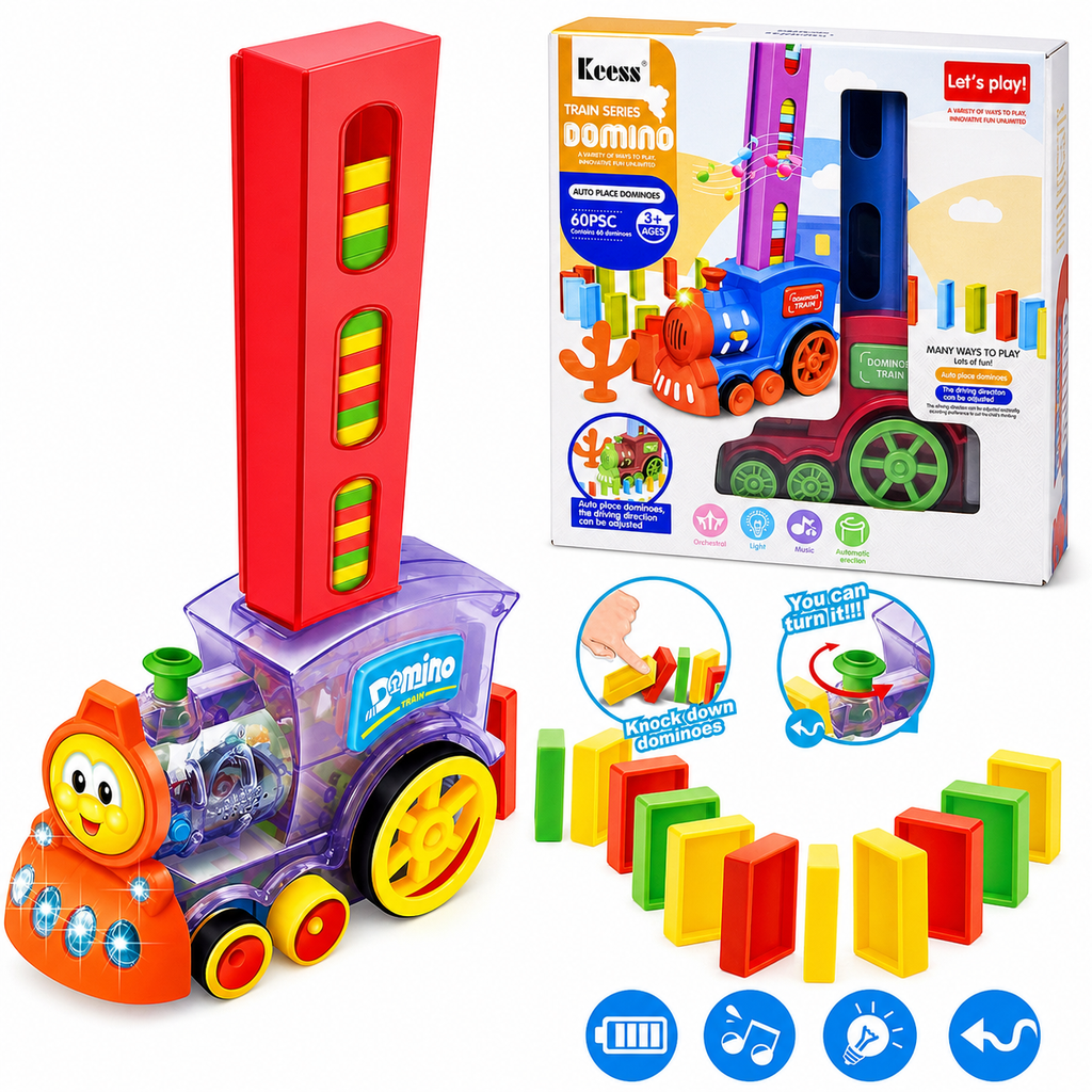 قطار الدومينو الكهربائي — ٦٠ قطعة دومينو ملونة مع صوت وإضاءة (Domino Train)