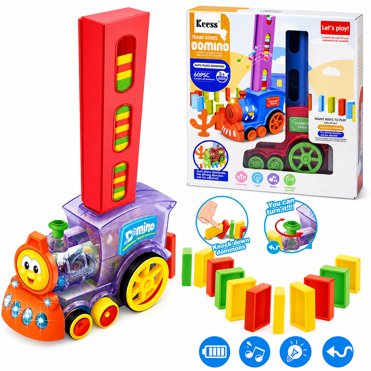 قطار الدومينو الكهربائي — ٦٠ قطعة دومينو ملونة مع صوت وإضاءة (Domino Train)