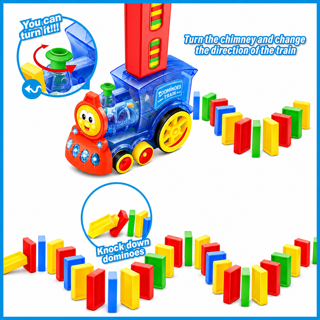 قطار الدومينو الكهربائي — ٦٠ قطعة دومينو ملونة مع صوت وإضاءة (Domino Train)