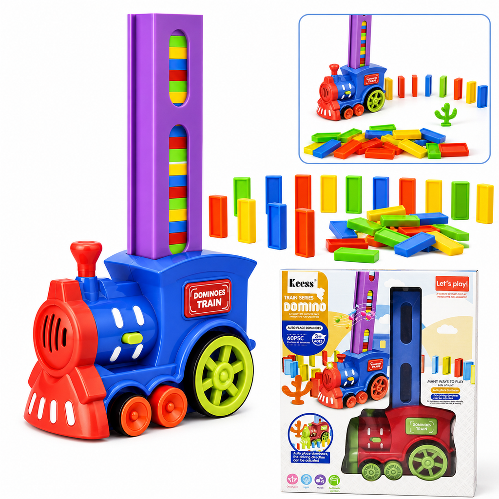 قطار الدومينو الكهربائي — ٦٠ قطعة دومينو ملونة مع صوت وإضاءة (Domino Train)