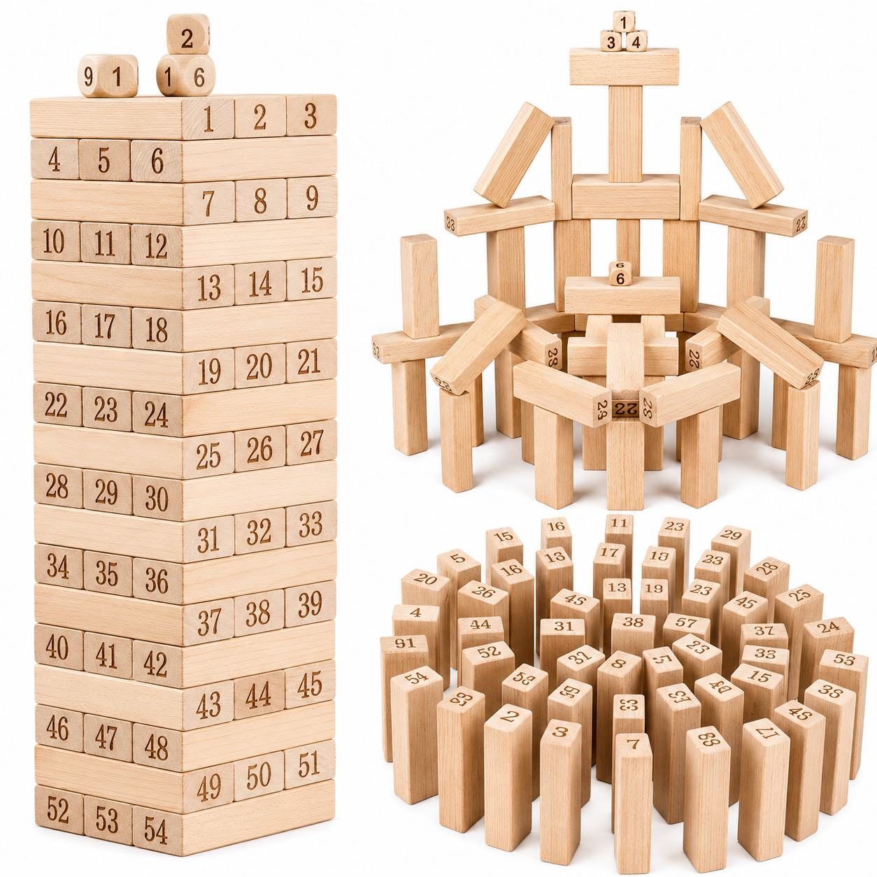 لعبة برج المكعبات الخشبي ٥٤ قطعة مرقمة + نرد (Wooden Stacking Tower 54 Pcs)
