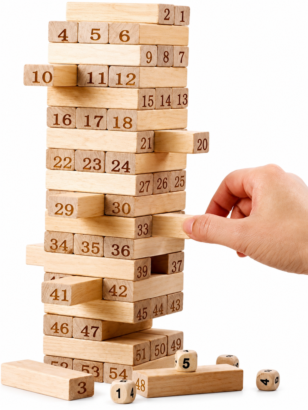 لعبة برج المكعبات الخشبي ٥٤ قطعة مرقمة + نرد (Wooden Stacking Tower 54 Pcs)