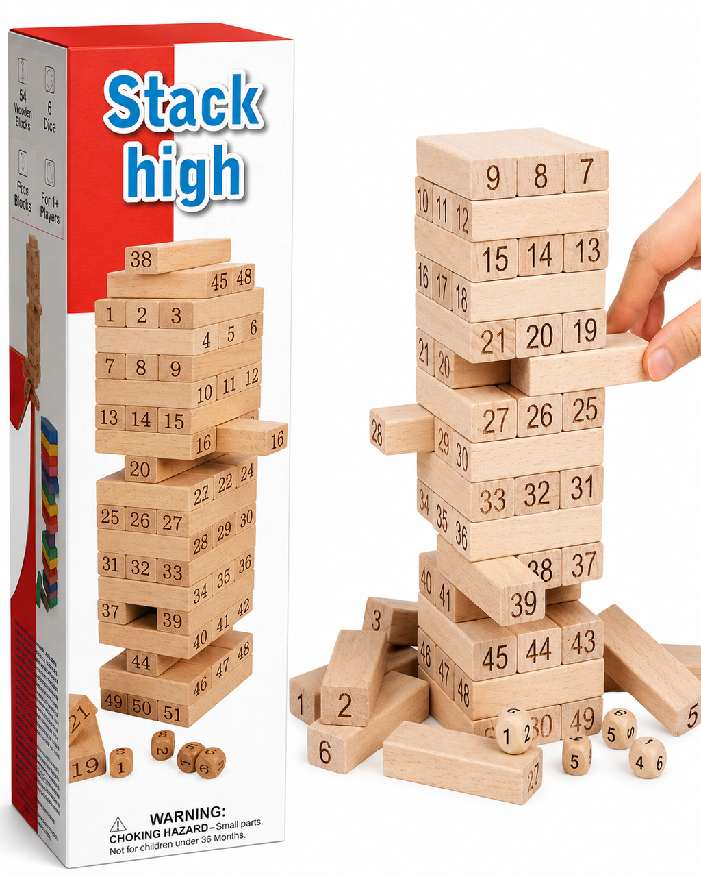 لعبة برج المكعبات الخشبي ٥٤ قطعة مرقمة + نرد (Wooden Stacking Tower 54 Pcs)
