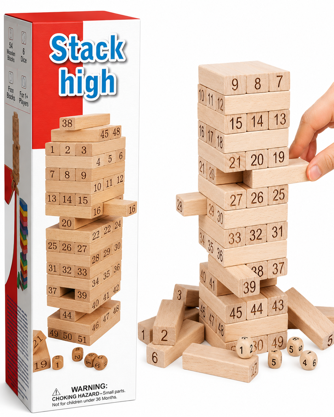 لعبة برج المكعبات الخشبي ٥٤ قطعة مرقمة + نرد (Wooden Stacking Tower 54 Pcs)