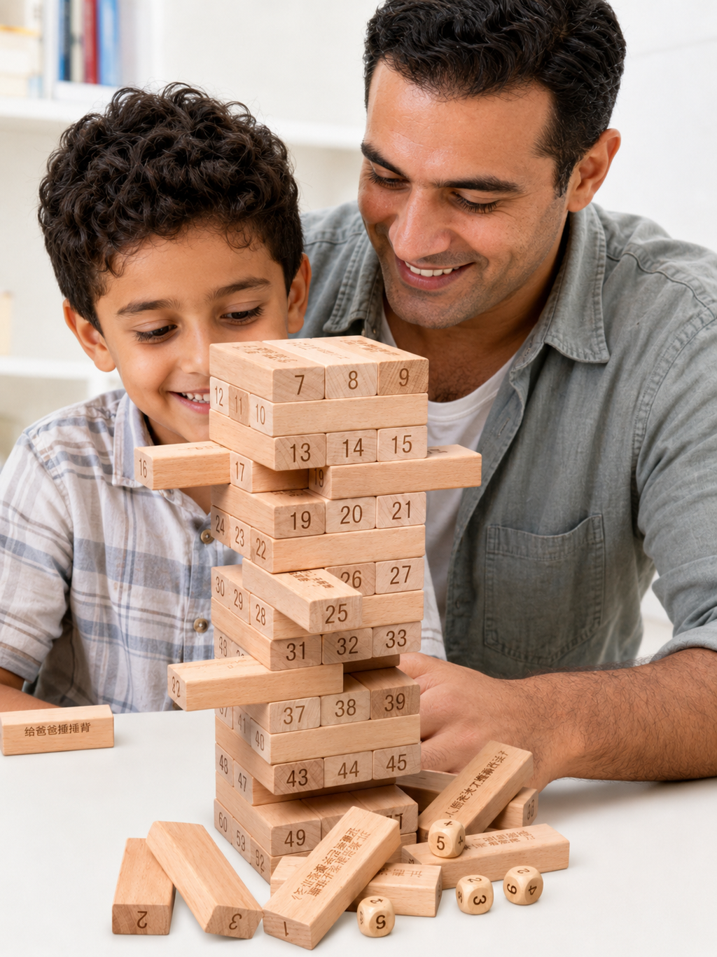 لعبة برج المكعبات الخشبي ٥٤ قطعة مرقمة + نرد (Wooden Stacking Tower 54 Pcs)