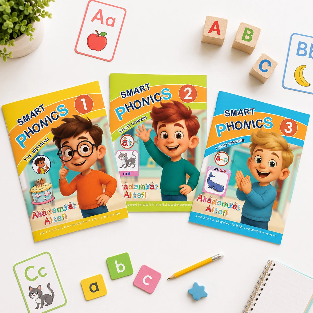 Smart Phonics — ٣ كتب فونكس إنجليزي + صوتيات QR (Alphabet + Short Vowels + Long Vowels) للأطفال ٣-٧ سنوات